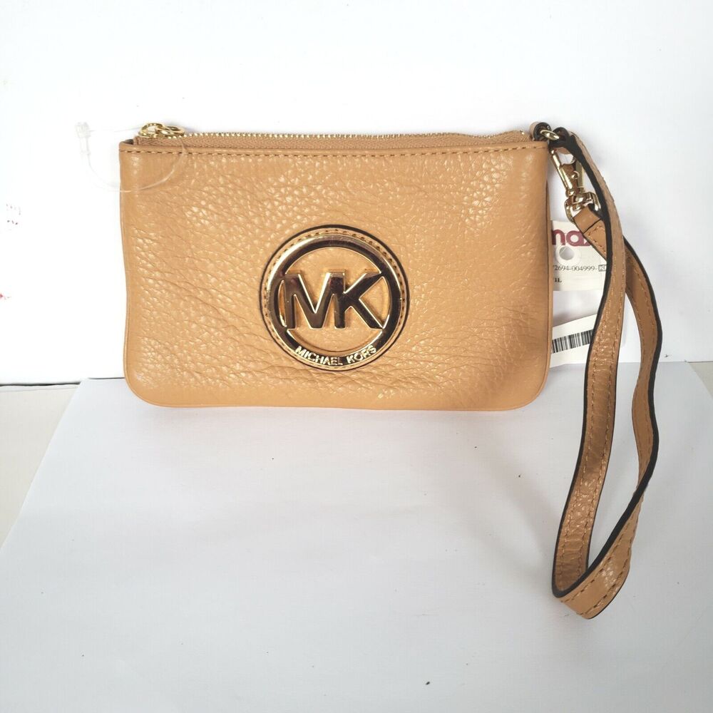 MICHAEL KORS MK Fulton Brown Pebble Leather Zip‎ Around Card Clutch Wristlet New